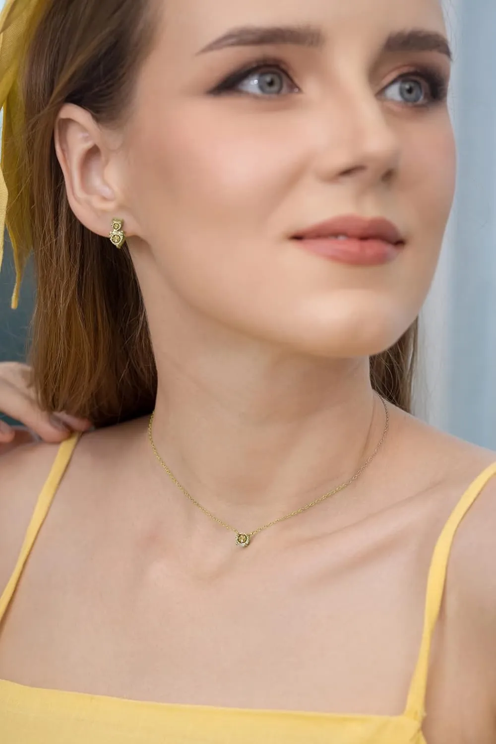 Gold Birthstone Crystal Necklaces - 6mm Round Solitaire, Dainty & Short Layered Choker Necklaces for Women, 15 In   Extender
