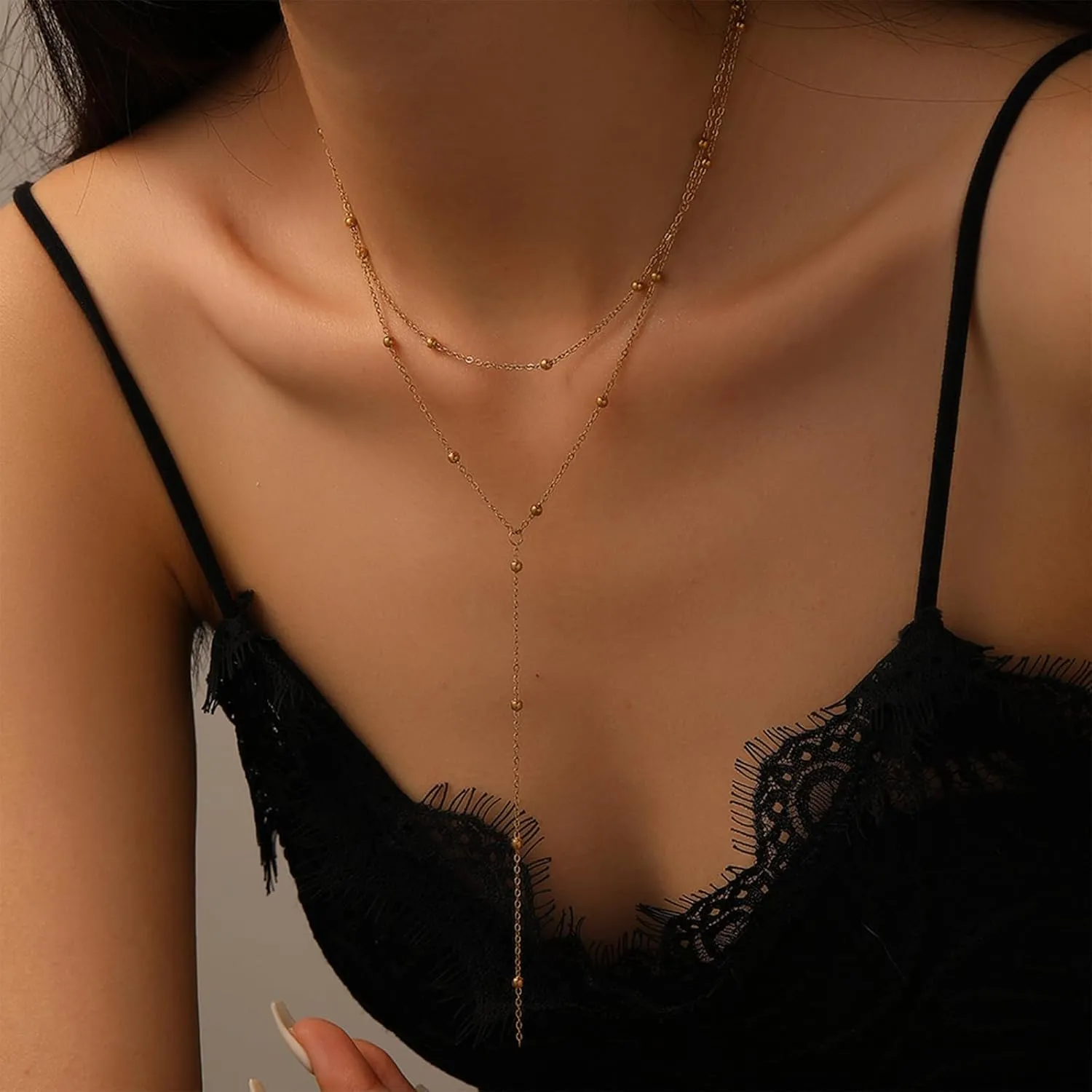 Gold Lariat Ncklace for Women Long Silver Necklaces for Women Layered Beaded Chain Drop Necklaces Jewelry