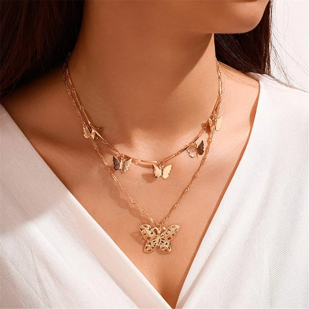 Gold Layered Necklaces for Women Trendy Retro Butterflies Pendant Necklace Chunky Chain Necklaces for Jewelry Birthday Gifts