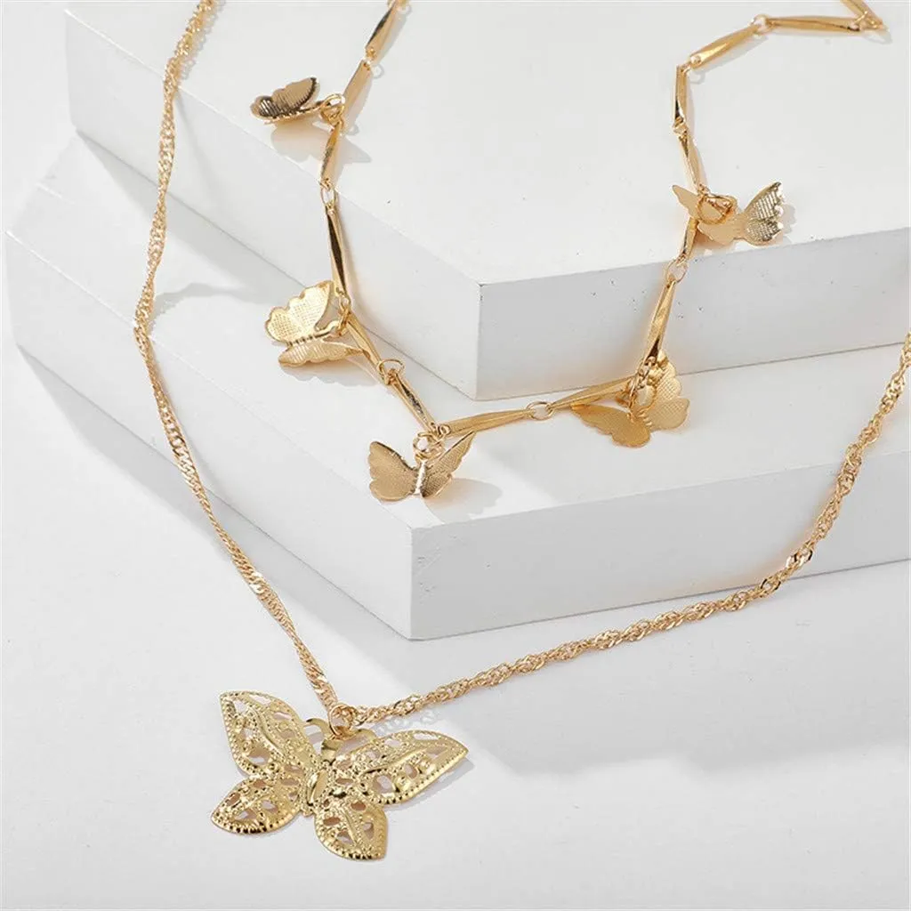 Gold Layered Necklaces for Women Trendy Retro Butterflies Pendant Necklace Chunky Chain Necklaces for Jewelry Birthday Gifts