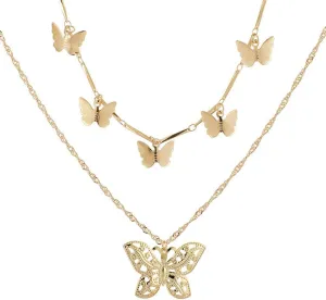 Gold Layered Necklaces for Women Trendy Retro Butterflies Pendant Necklace Chunky Chain Necklaces for Jewelry Birthday Gifts
