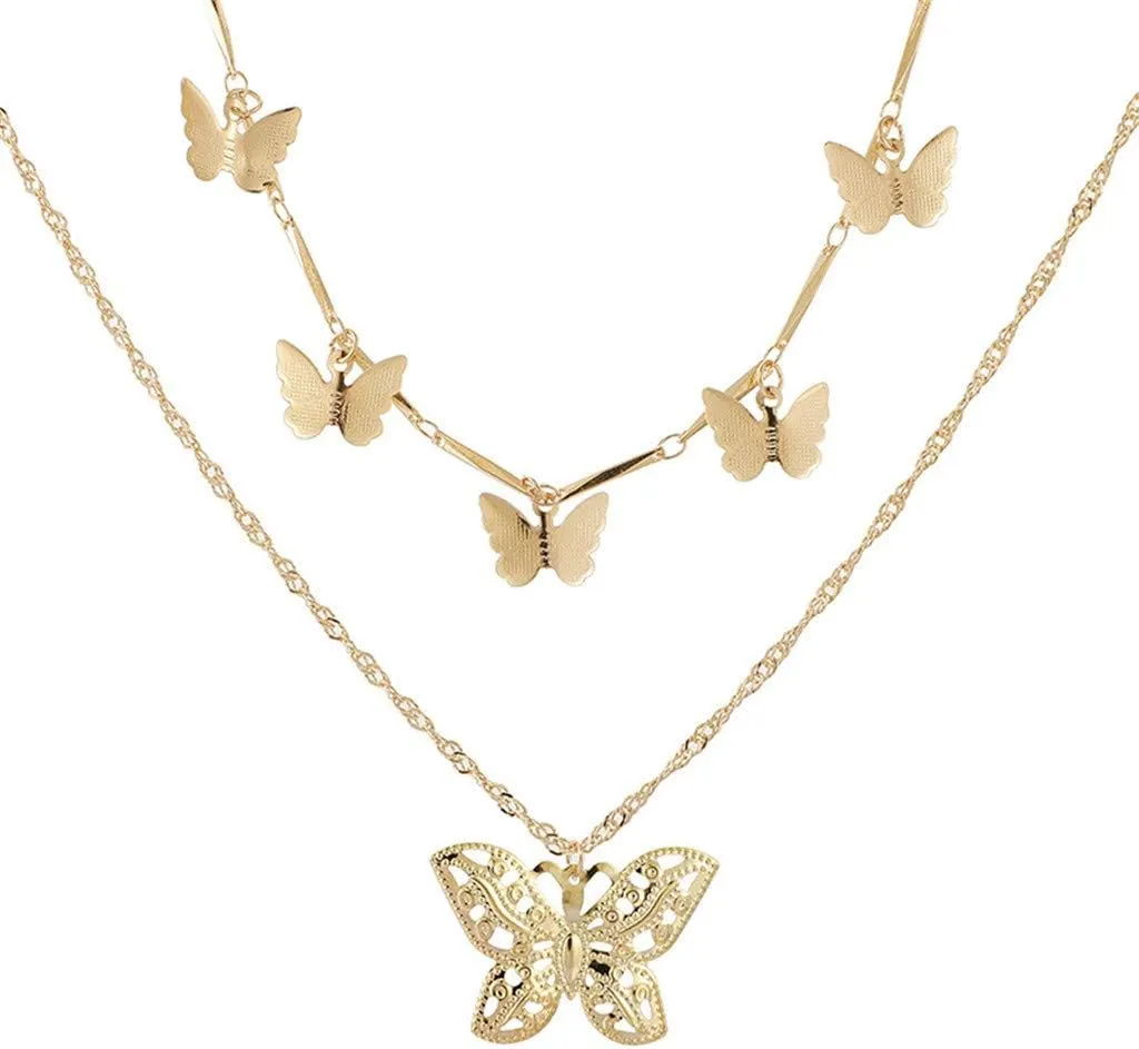 Gold Layered Necklaces for Women Trendy Retro Butterflies Pendant Necklace Chunky Chain Necklaces for Jewelry Birthday Gifts