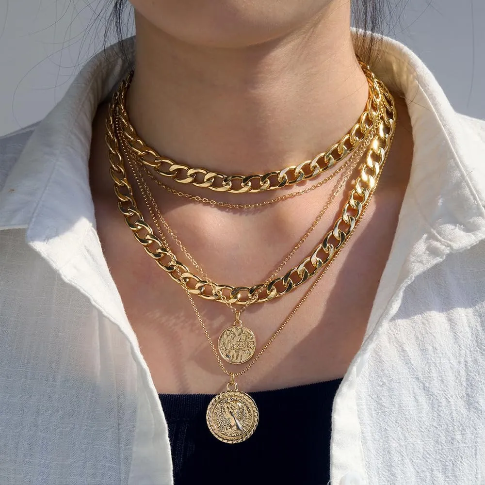 Gold Pirate Necklace for Women Layered Necklaces Retro Coin Pendant Necklace Chunky Chain Necklaces Pirate Costume Accessories