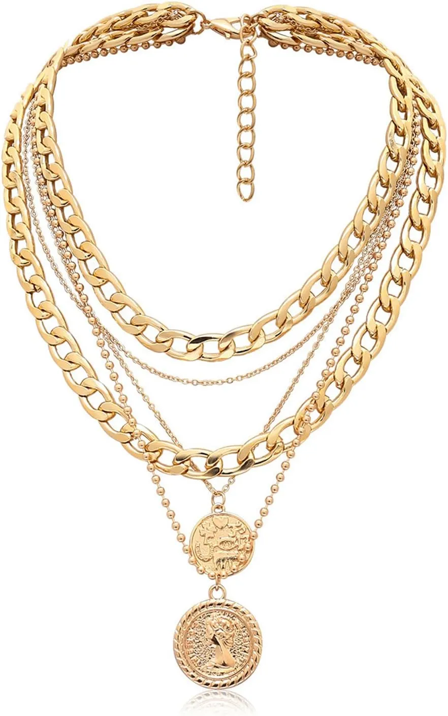 Gold Pirate Necklace for Women Layered Necklaces Retro Coin Pendant Necklace Chunky Chain Necklaces Pirate Costume Accessories