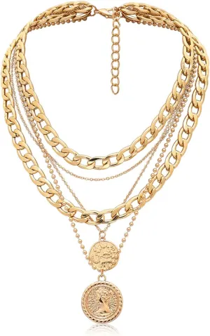 Gold Pirate Necklace for Women Layered Necklaces Retro Coin Pendant Necklace Chunky Chain Necklaces Pirate Costume Accessories