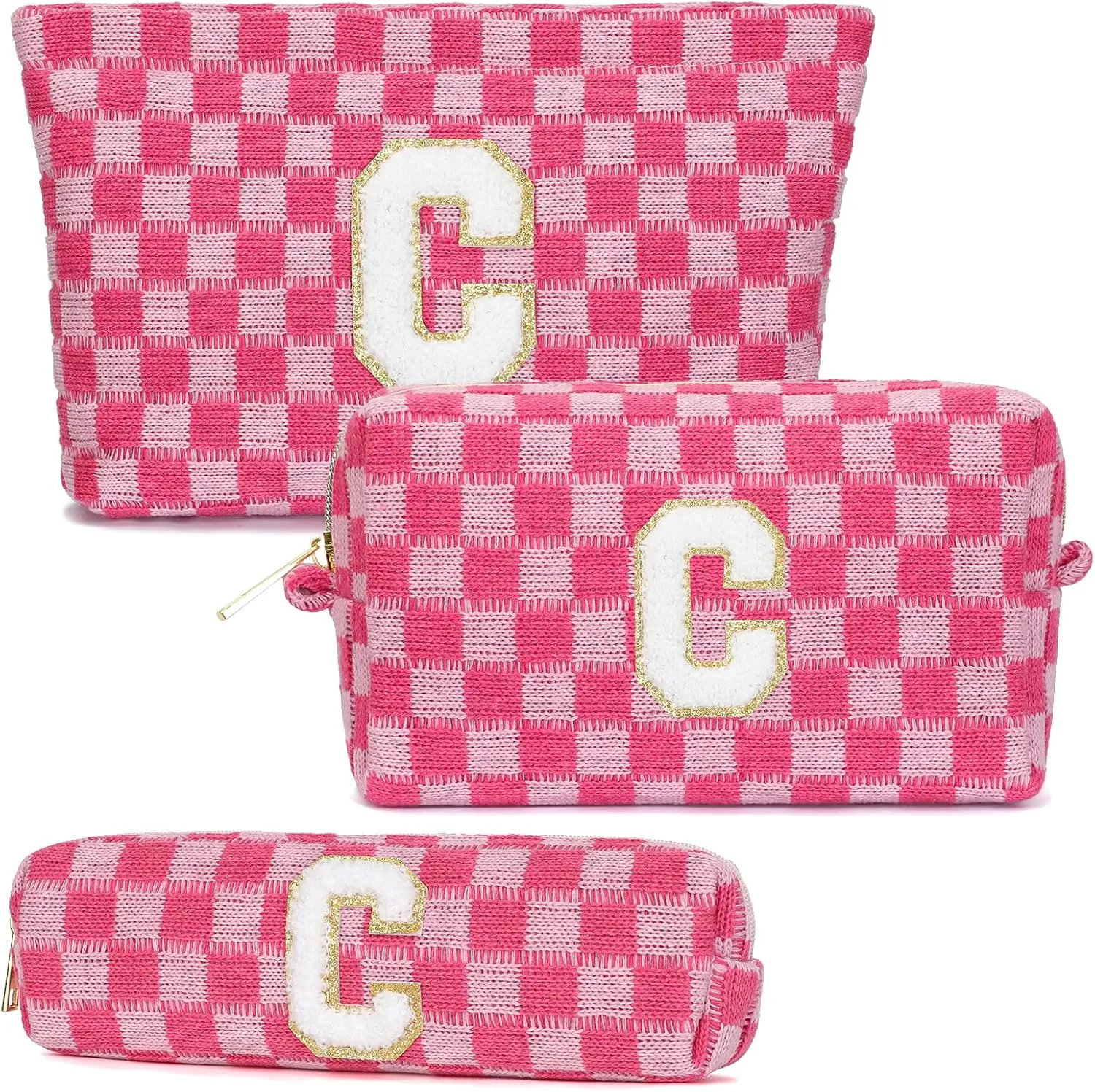 Graduation Gifts for Her,3 Pieces Checkered Makeup Bag Personalized Initial Make Up Bag Cute Storage Pouch Travel Toiletry Cosmetic Bag Teacher Birthday Gifts for Women (Rose Red-C)
