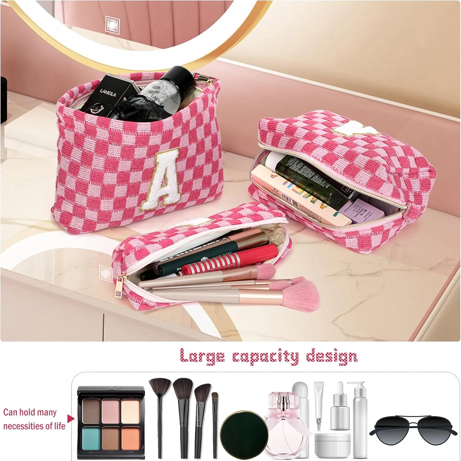Graduation Gifts for Her,3 Pieces Checkered Makeup Bag Personalized Initial Make Up Bag Cute Storage Pouch Travel Toiletry Cosmetic Bag Teacher Birthday Gifts for Women (Rose Red-C)
