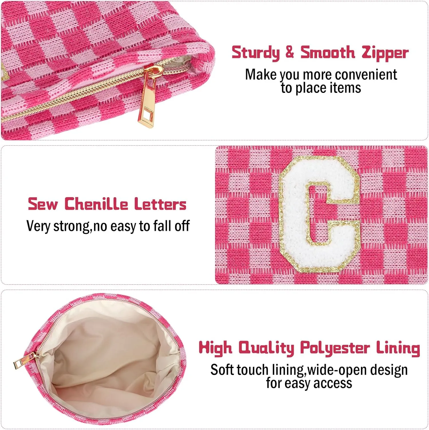 Graduation Gifts for Her,3 Pieces Checkered Makeup Bag Personalized Initial Make Up Bag Cute Storage Pouch Travel Toiletry Cosmetic Bag Teacher Birthday Gifts for Women (Rose Red-C)