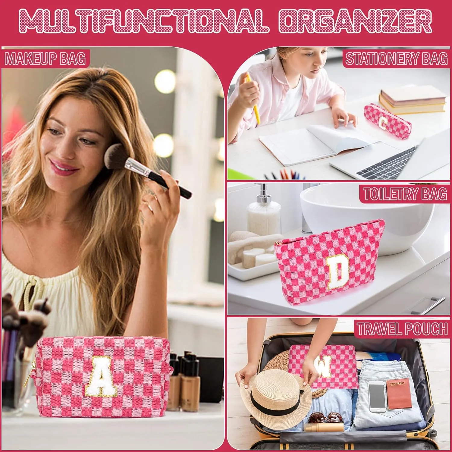Graduation Gifts for Her,3 Pieces Checkered Makeup Bag Personalized Initial Make Up Bag Cute Storage Pouch Travel Toiletry Cosmetic Bag Teacher Birthday Gifts for Women (Rose Red-C)