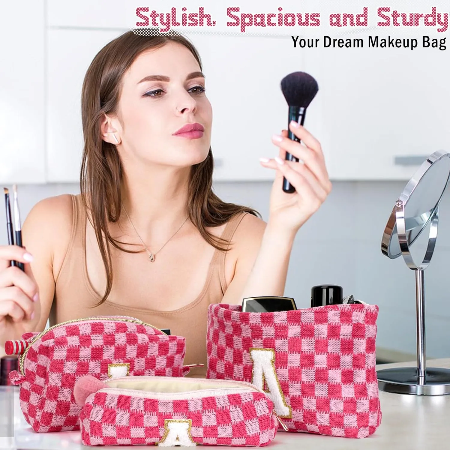 Graduation Gifts for Her,3 Pieces Checkered Makeup Bag Personalized Initial Make Up Bag Cute Storage Pouch Travel Toiletry Cosmetic Bag Teacher Birthday Gifts for Women (Rose Red-C)