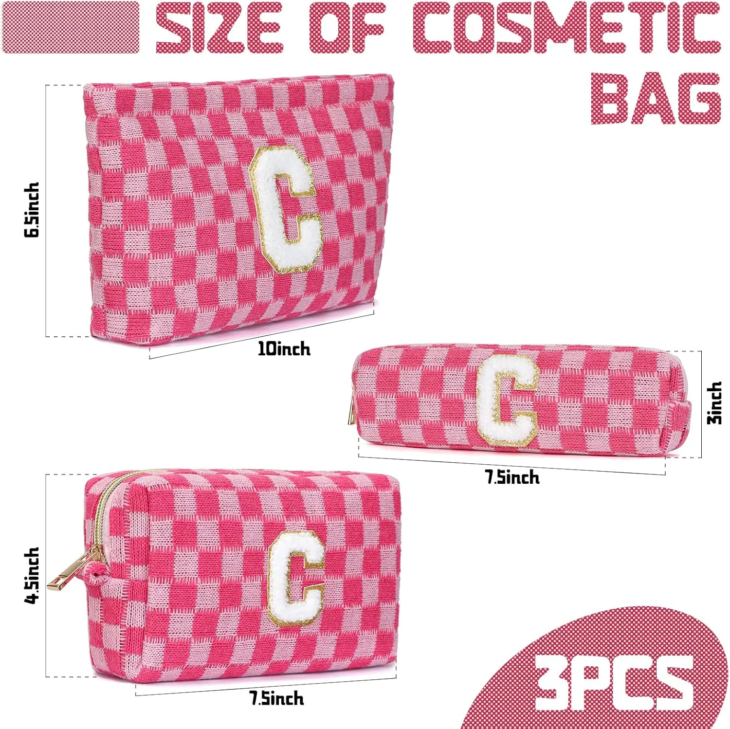Graduation Gifts for Her,3 Pieces Checkered Makeup Bag Personalized Initial Make Up Bag Cute Storage Pouch Travel Toiletry Cosmetic Bag Teacher Birthday Gifts for Women (Rose Red-C)