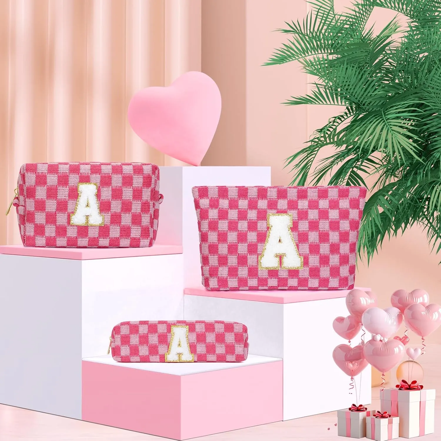 Graduation Gifts for Her,3 Pieces Checkered Makeup Bag Personalized Initial Make Up Bag Cute Storage Pouch Travel Toiletry Cosmetic Bag Teacher Birthday Gifts for Women (Rose Red-C)