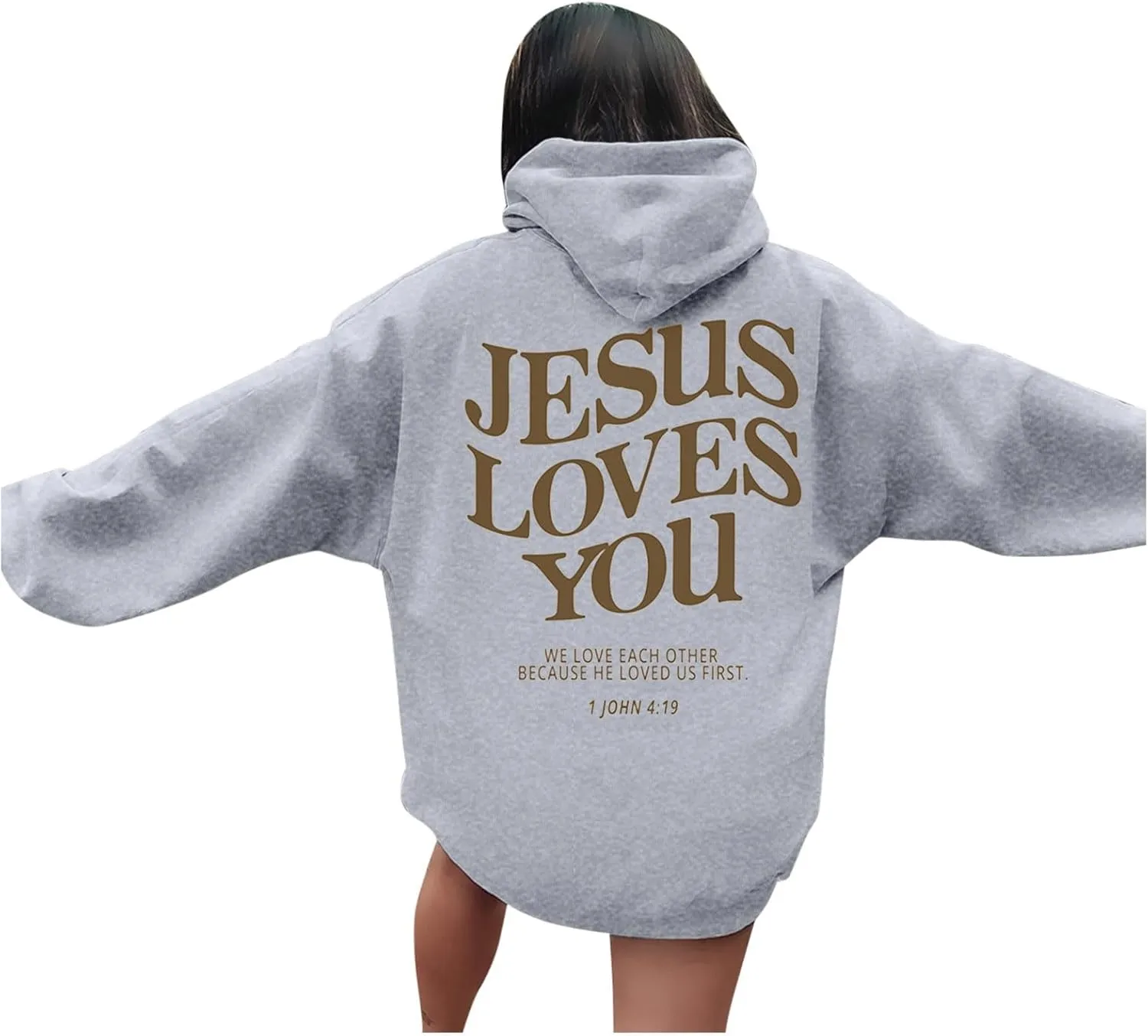 Graphic Hoodie Streetwear Jesus Loves You Bible Verse Letter Printed Fall Outfit with Kangaroo Pocket Drawstring Leisure Fall