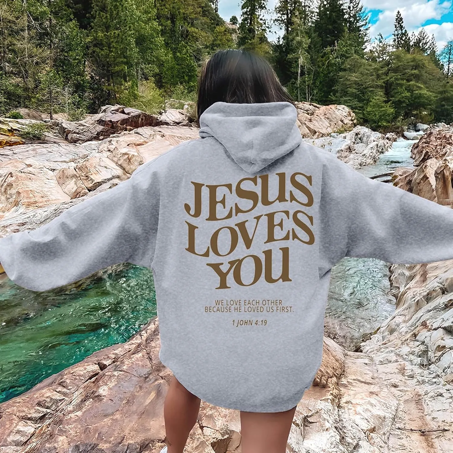 Graphic Hoodie Streetwear Jesus Loves You Bible Verse Letter Printed Fall Outfit with Kangaroo Pocket Drawstring Leisure Fall