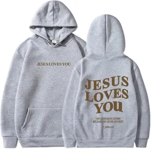 Graphic Hoodie Streetwear Jesus Loves You Bible Verse Letter Printed Fall Outfit with Kangaroo Pocket Drawstring Leisure Fall