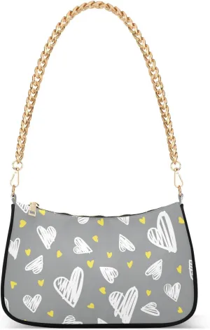 Grey White Heart Shoulder Handbags for Women Travel Hobo Tote Handbag Women Gold Chain Shoulder Bags Purse with Zipper Closure