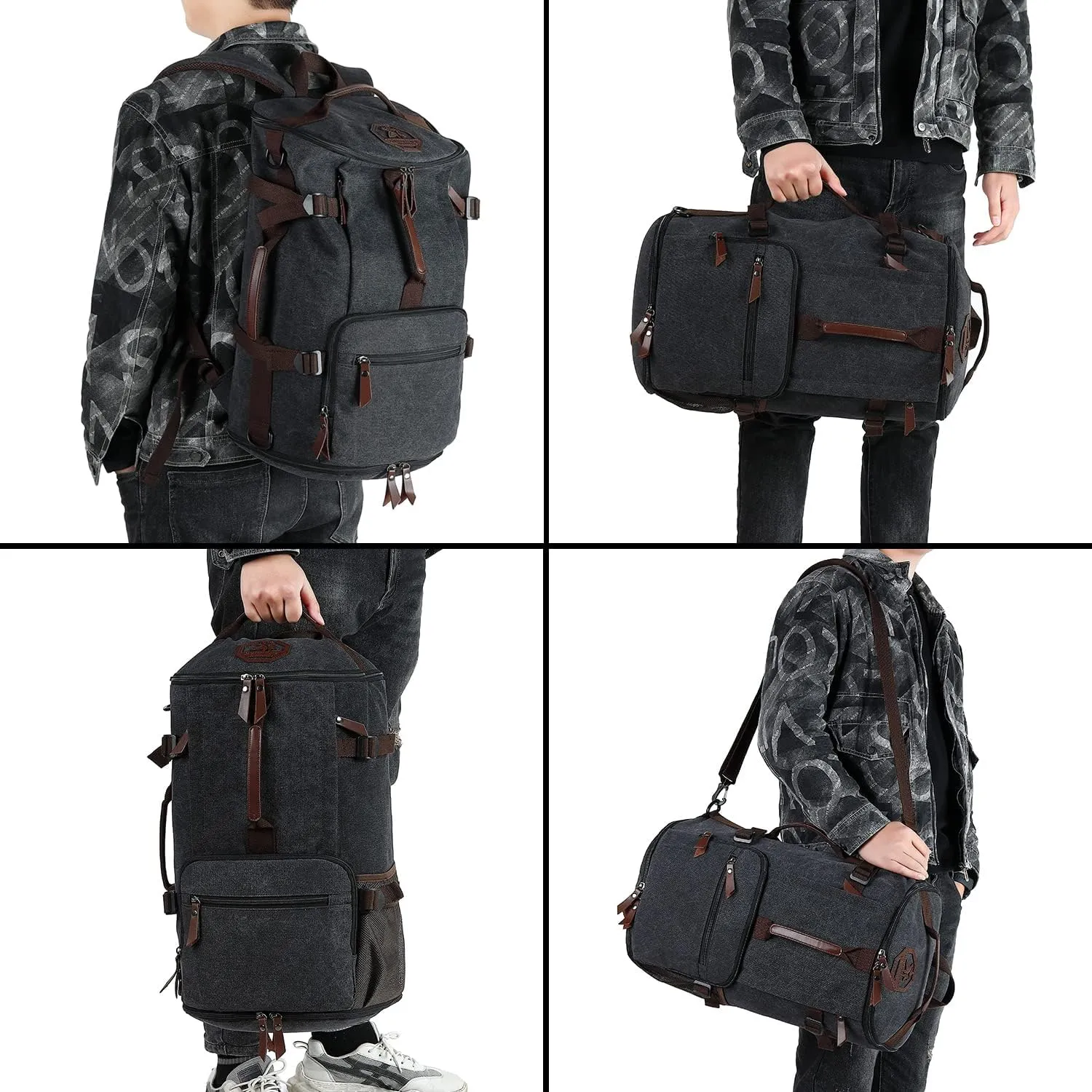 Gym Duffle Bag Backpack 4-Way Vintage canvas with Shoes Compartment for travel Sport Hiking laptop (Vintage black)