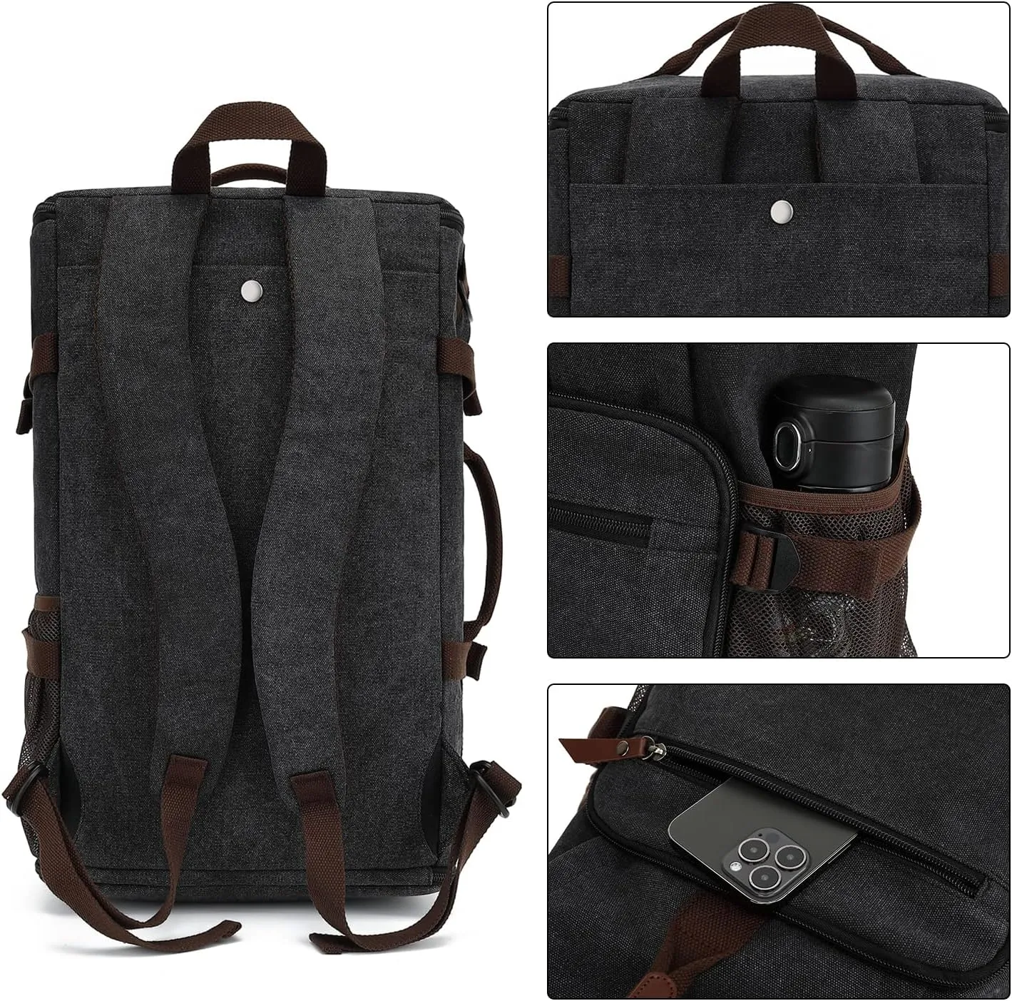 Gym Duffle Bag Backpack 4-Way Vintage canvas with Shoes Compartment for travel Sport Hiking laptop (Vintage black)