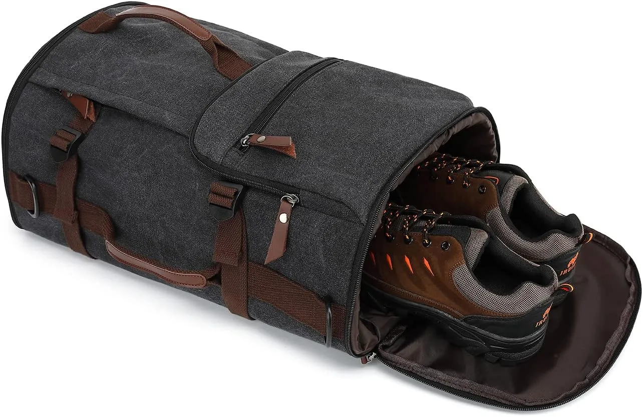 Gym Duffle Bag Backpack 4-Way Vintage canvas with Shoes Compartment for travel Sport Hiking laptop (Vintage black)