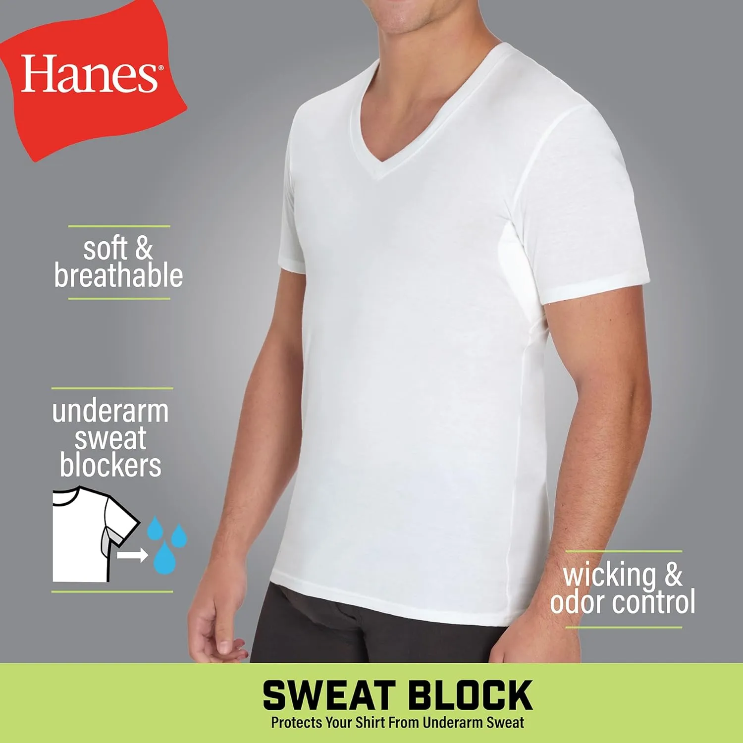 Hanes Men's Undershirt, Underarm Sweat Blocking Tee, White V-Neck T-Shirt, 3-Pack