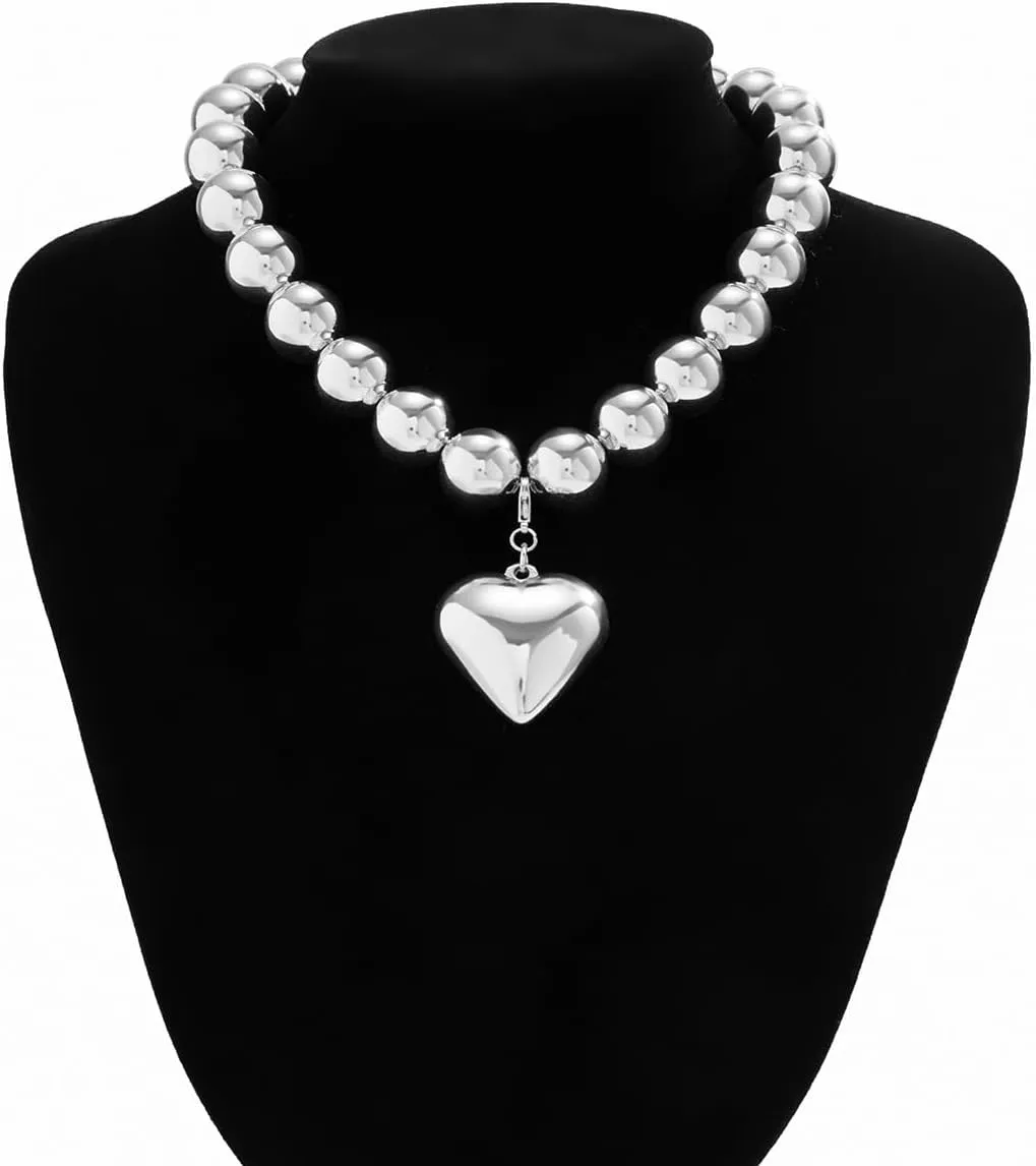 Heart Pendant Choker Necklaces Chunky Gold Silver Beaded Necklaces Y2k Punk Statement Necklace for Women Gifts Jewelry