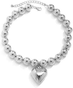 Heart Pendant Choker Necklaces Chunky Gold Silver Beaded Necklaces Y2k Punk Statement Necklace for Women Gifts Jewelry