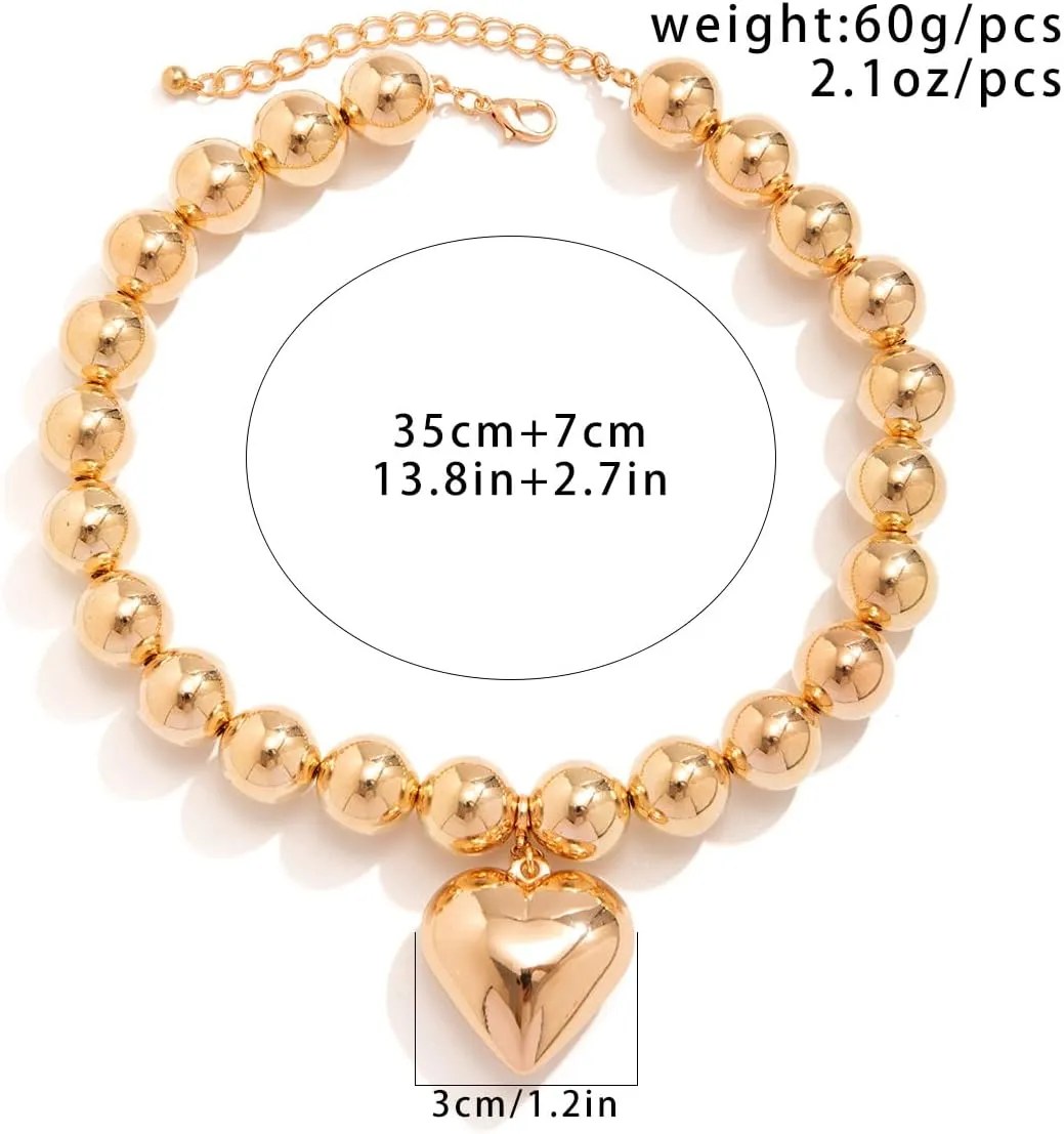 Heart Pendant Choker Necklaces Chunky Gold Silver Beaded Necklaces Y2k Punk Statement Necklace for Women Gifts Jewelry