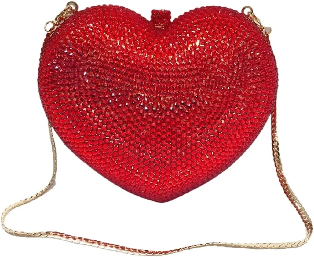 Heart Shape Crystal Evening Bag for Women Glitter Mini Rhinestones Clutch Purse Wedding Party Shoulder Bag