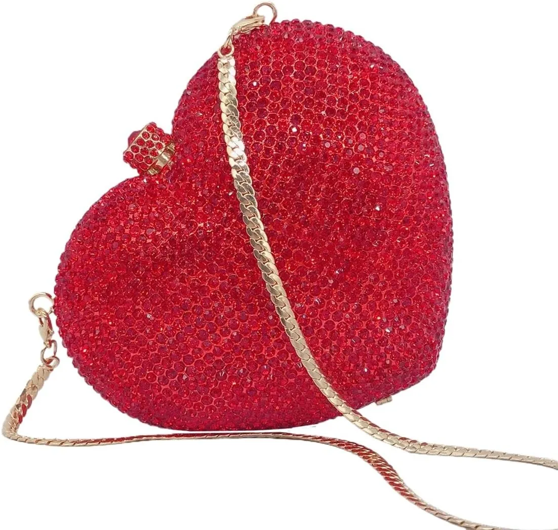 Heart Shape Crystal Evening Bag for Women Glitter Mini Rhinestones Clutch Purse Wedding Party Shoulder Bag