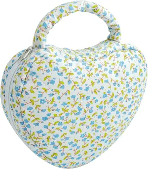 Heart Shaped Floral Cotton Cosmetic Bag Makeup Bag for Women, Travel Quilted Zipper Make Up Case with Handle, Flowers Toiletry Organizer Makeup Cosmetic Travel Cloth Pouch (Small Blue Flower)