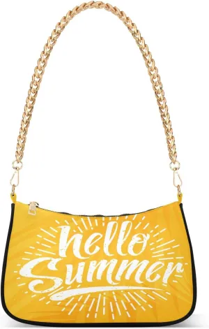 Hello Summer Sun Yellow Shoulder Handbags for Women Travel Hobo Tote Handbag Women Gold Chain Shoulder Bags Purse with Zipper Closure