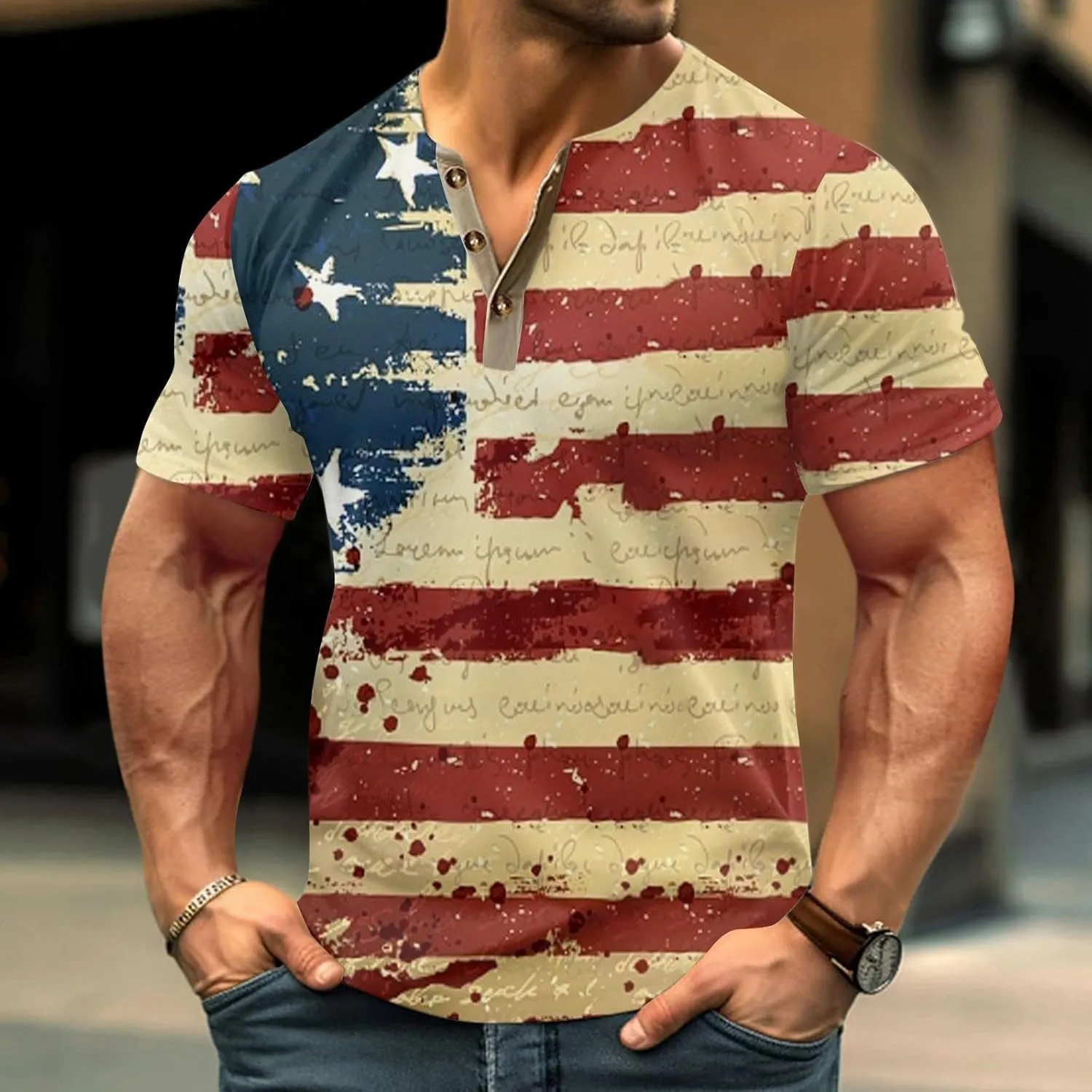 Henley Shirts 4th of July Shirts Short Sleeve Star Striped Summer Shirts Graphic Tees
