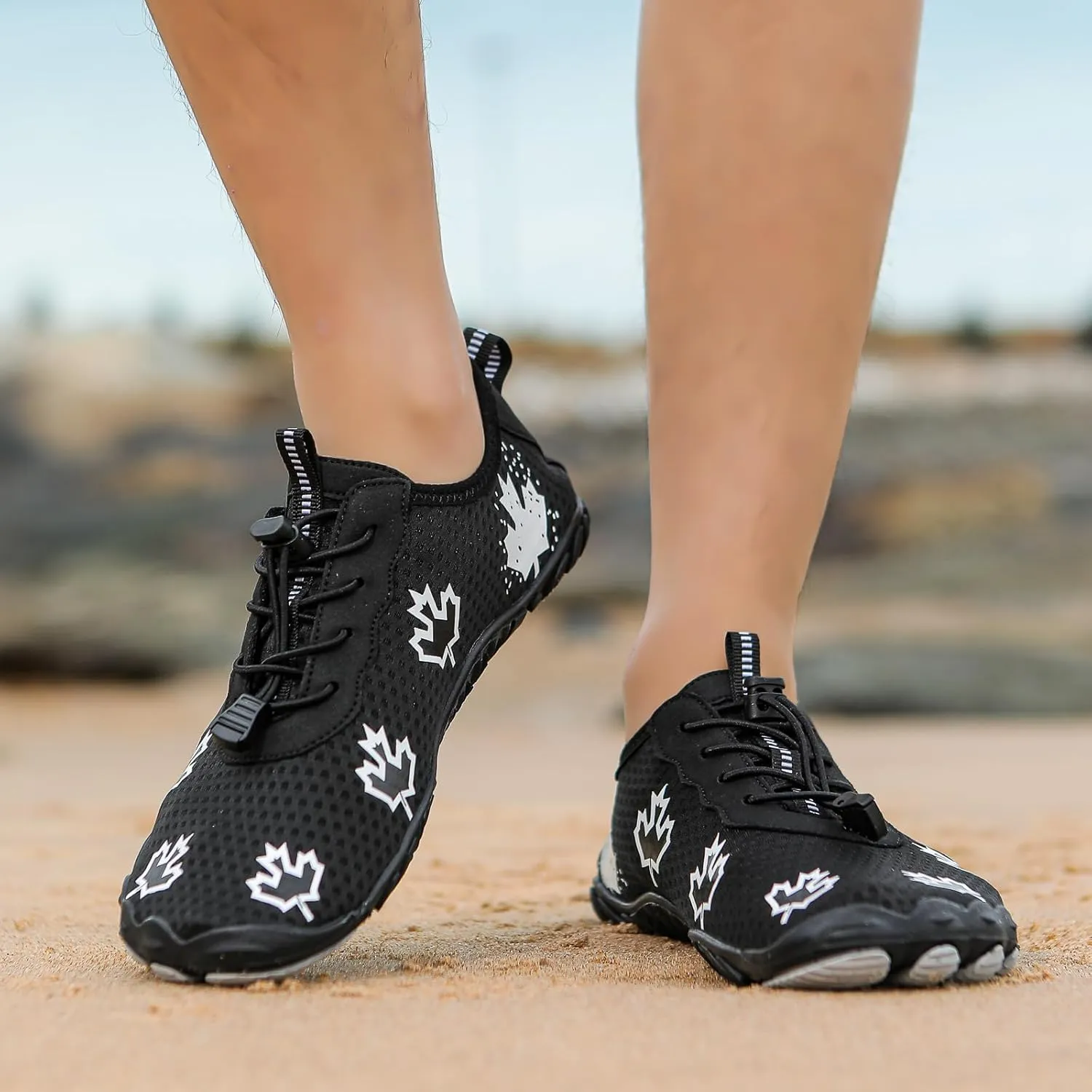 Hike Barefoot Shoes Women, Maple Leaf Print Grounded Barefoot Footwear Shoes, Neuropathy Walking Shoe Wide Toe Box Zero Drop Beach Sneakers for Gym Athletic Walking Running Sneakers Water Resistant