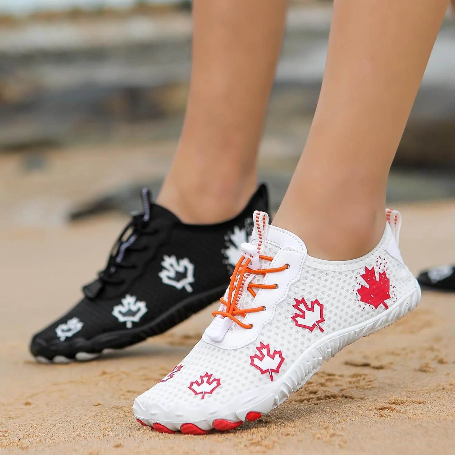 Hike Barefoot Shoes Women, Maple Leaf Print Grounded Barefoot Footwear Shoes, Neuropathy Walking Shoe Wide Toe Box Zero Drop Beach Sneakers for Gym Athletic Walking Running Sneakers Water Resistant