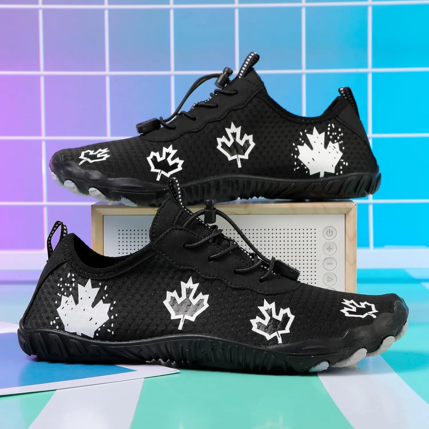 Hike Barefoot Shoes Women, Maple Leaf Print Grounded Barefoot Footwear Shoes, Neuropathy Walking Shoe Wide Toe Box Zero Drop Beach Sneakers for Gym Athletic Walking Running Sneakers Water Resistant