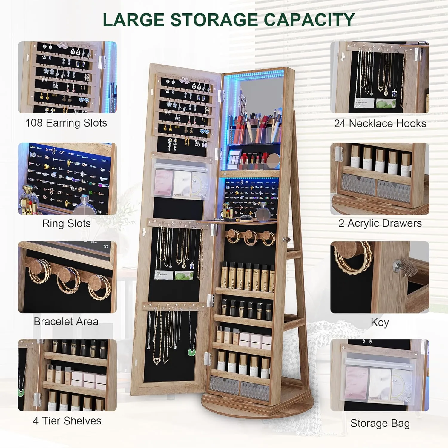 HNEBC 360 Swivel Jewelry Cabinet with Lights, Standing Jewelry Armoire Organizer, Rotatable Jewelry Mirror, Full Length Mirror with Jewelry Storage,Large Jewelry Organizer with Lockable (Wood)