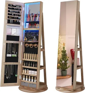 HNEBC 360 Swivel Jewelry Cabinet with Lights, Standing Jewelry Armoire Organizer, Rotatable Jewelry Mirror, Full Length Mirror with Jewelry Storage,Large Jewelry Organizer with Lockable (Wood)
