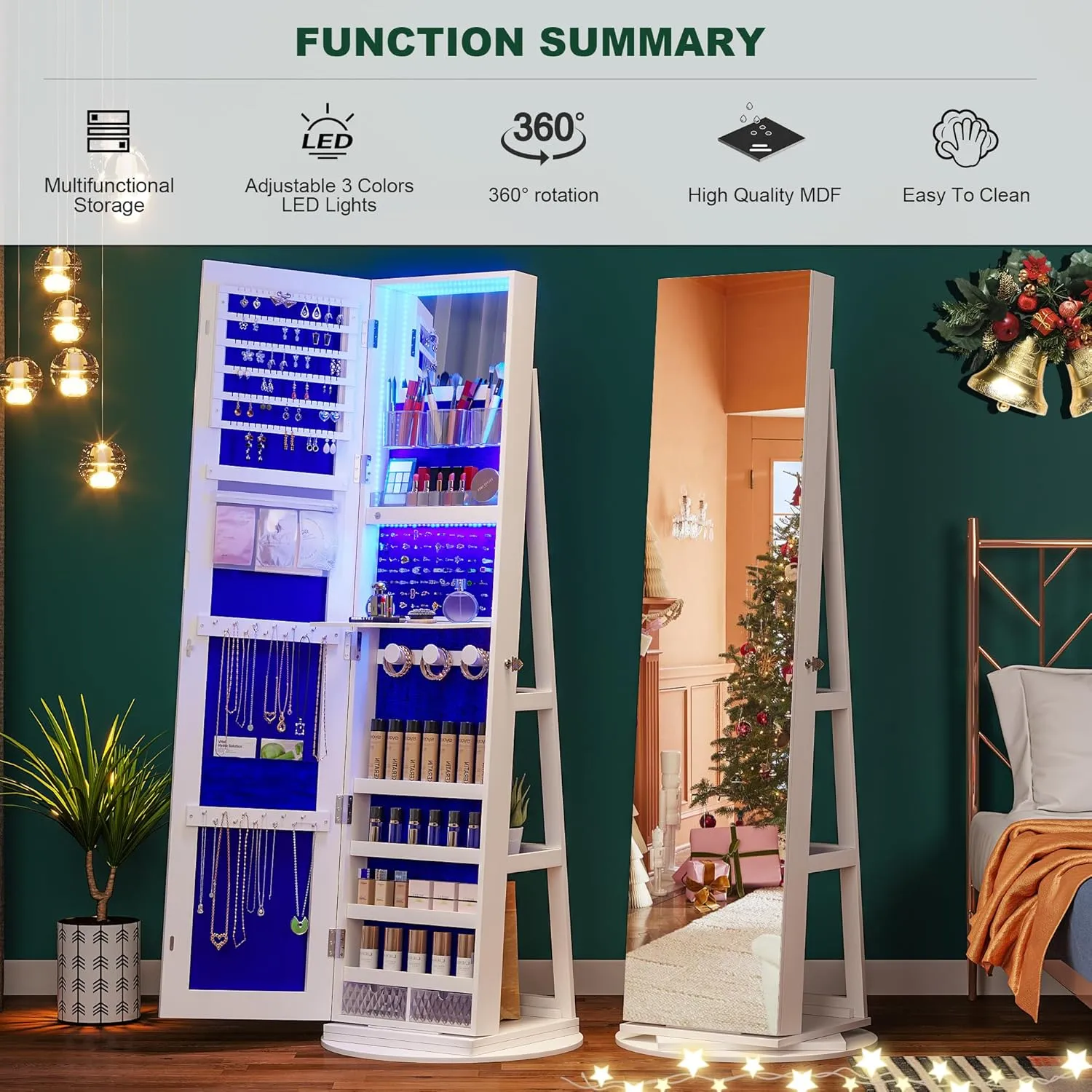 HNEBC 360 Swivel Jewelry Cabinet with Lights,Standing Jewelry Armoire Organizer, Rotatable Jewelry Mirror, Full Length Mirror with Jewelry Storage, White