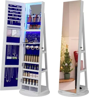 HNEBC 360 Swivel Jewelry Cabinet with Lights,Standing Jewelry Armoire Organizer, Rotatable Jewelry Mirror, Full Length Mirror with Jewelry Storage, White
