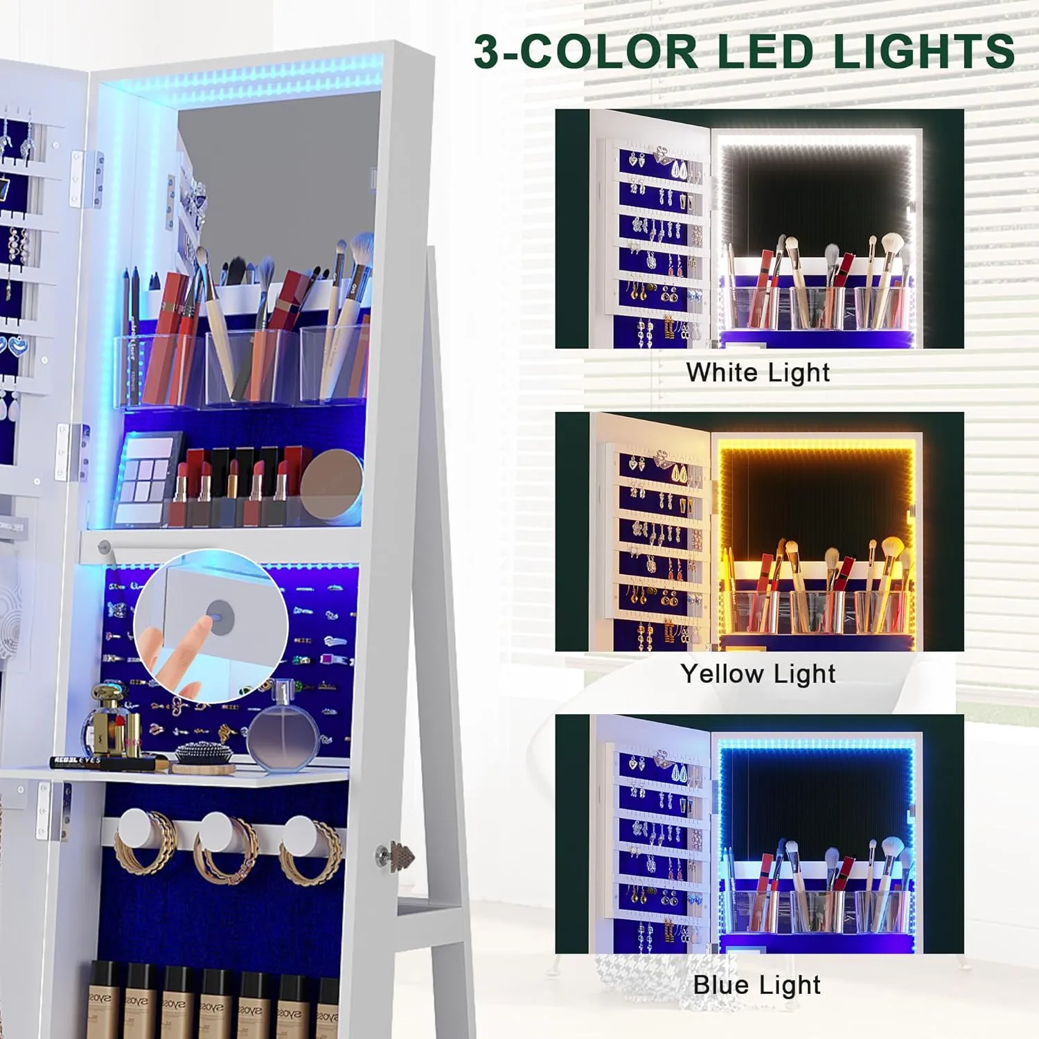 HNEBC 360 Swivel Jewelry Cabinet with Lights,Standing Jewelry Armoire Organizer, Rotatable Jewelry Mirror, Full Length Mirror with Jewelry Storage, White