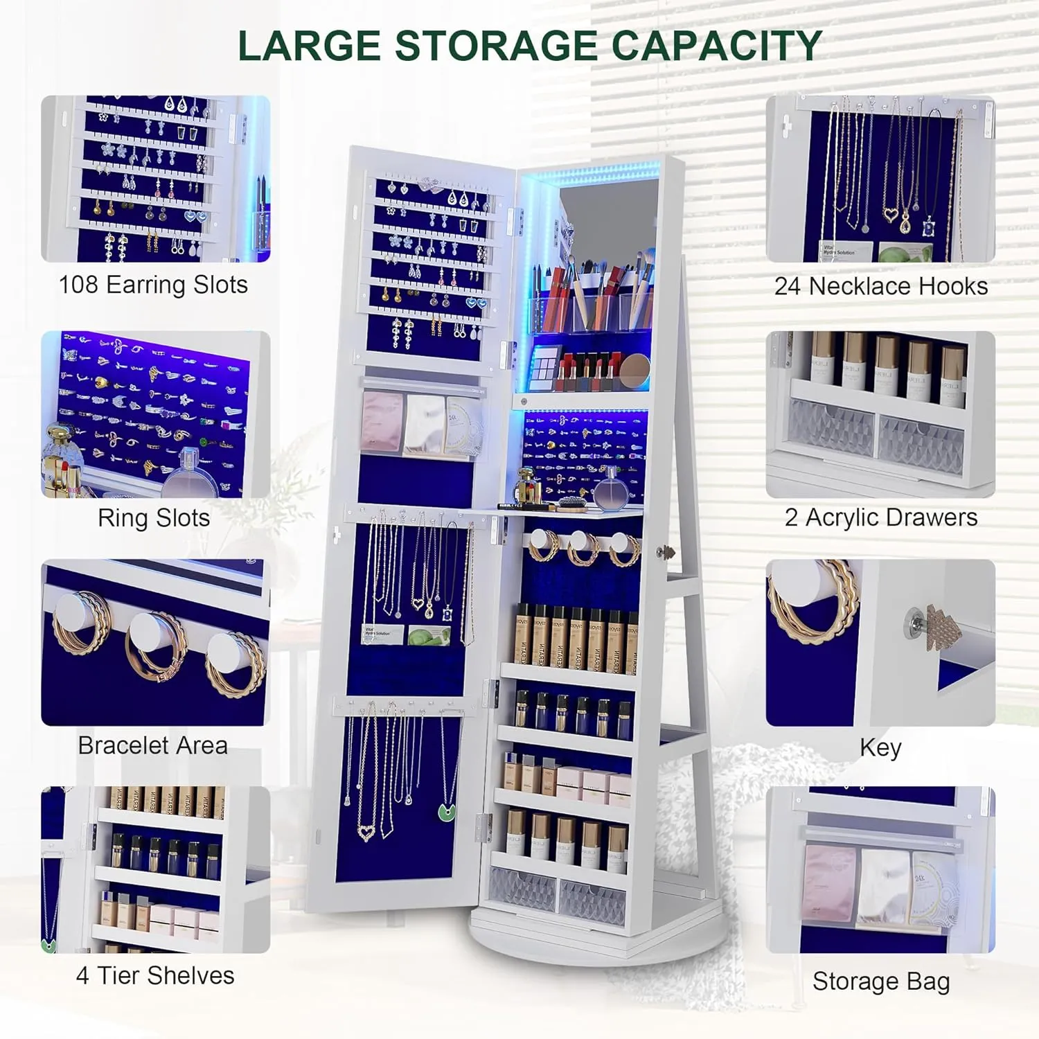 HNEBC 360 Swivel Jewelry Cabinet with Lights,Standing Jewelry Armoire Organizer, Rotatable Jewelry Mirror, Full Length Mirror with Jewelry Storage, White