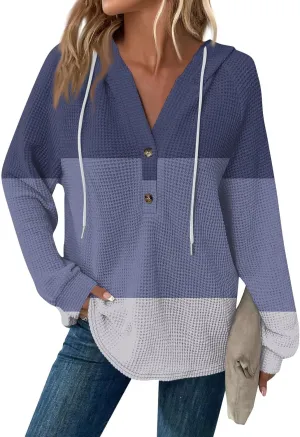 Hoodies for Women Button V Neck Waffle Knit Tops Long Sleeve Shirts Fall Casual Comfy Pullover Sweatshirt Hooded Tops