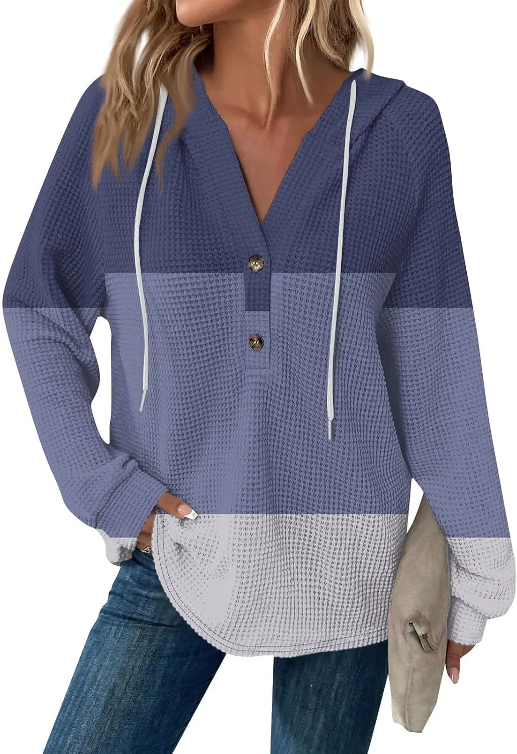 Hoodies for Women Button V Neck Waffle Knit Tops Long Sleeve Shirts Fall Casual Comfy Pullover Sweatshirt Hooded Tops
