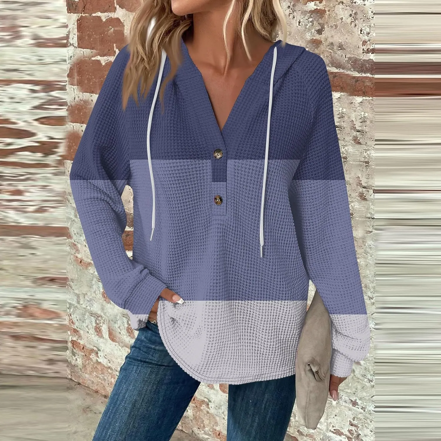 Hoodies for Women Button V Neck Waffle Knit Tops Long Sleeve Shirts Fall Casual Comfy Pullover Sweatshirt Hooded Tops