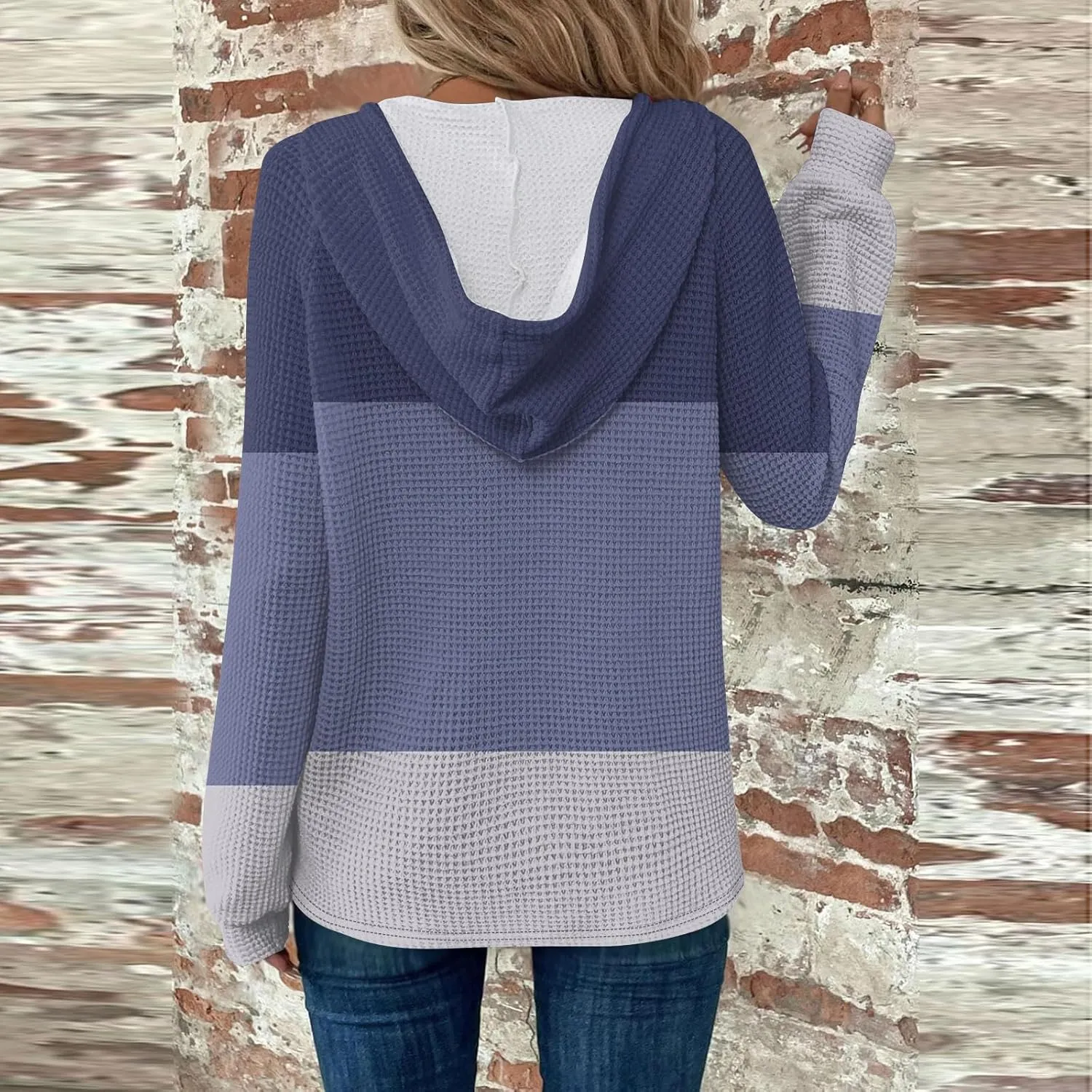 Hoodies for Women Button V Neck Waffle Knit Tops Long Sleeve Shirts Fall Casual Comfy Pullover Sweatshirt Hooded Tops