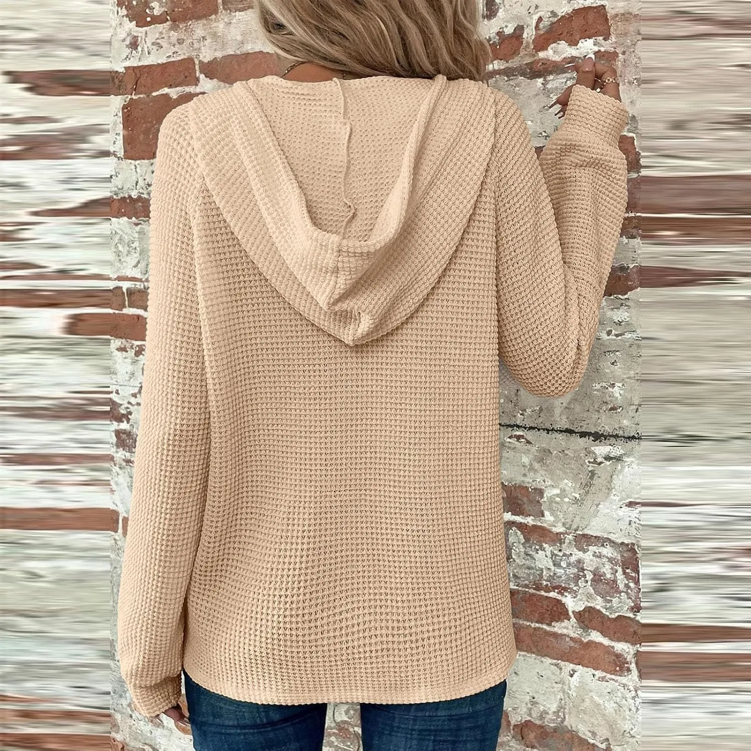 Hoodies for Women Fall Fashion 2024 Waffle Knit Tops Button V Neck Casual Hooded Pullover Oversized Sweatshirt