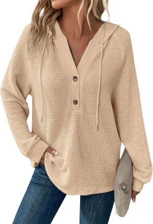 Hoodies for Women Fall Fashion 2024 Waffle Knit Tops Button V Neck Casual Hooded Pullover Oversized Sweatshirt