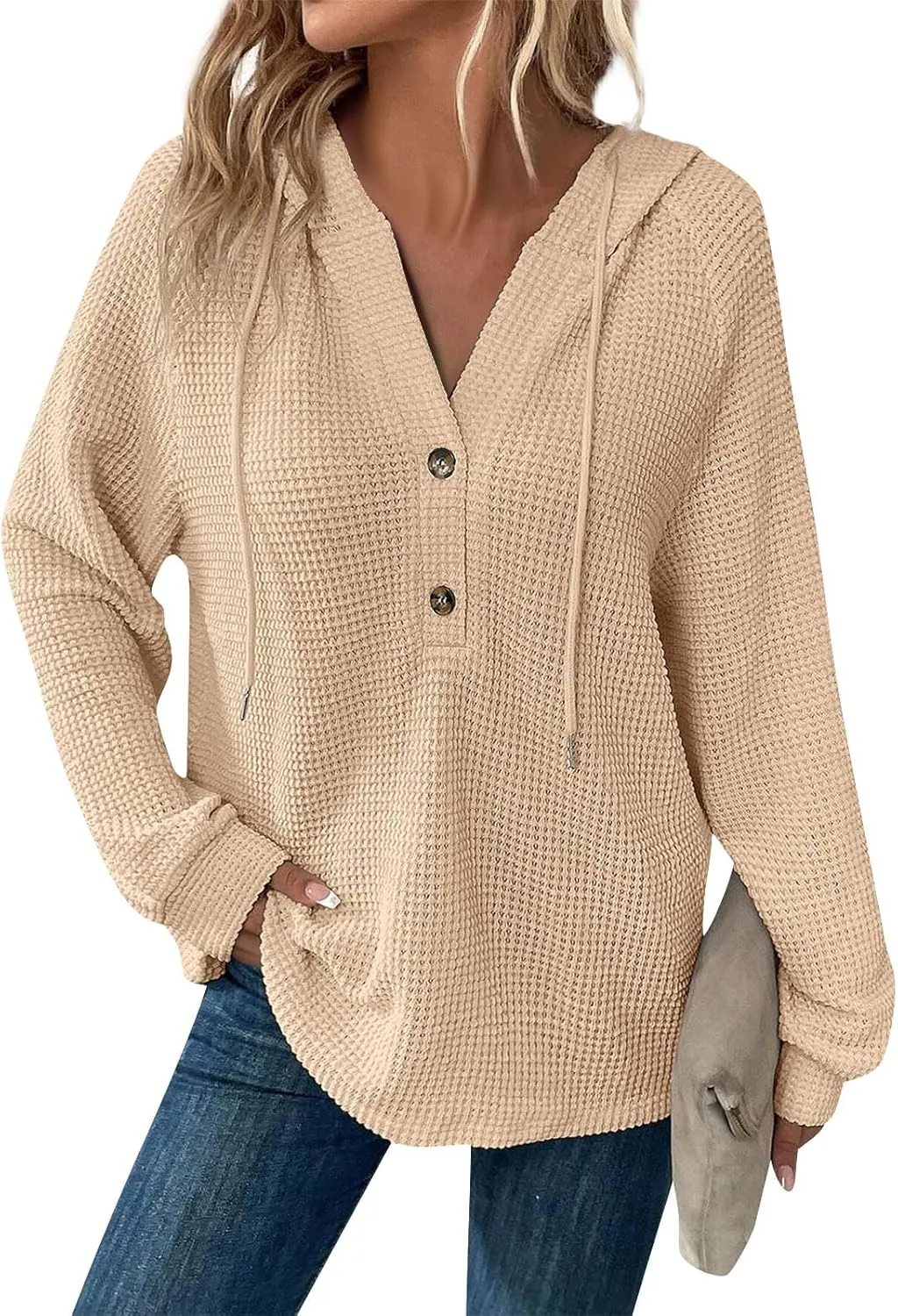 Hoodies for Women Fall Fashion 2024 Waffle Knit Tops Button V Neck Casual Hooded Pullover Oversized Sweatshirt