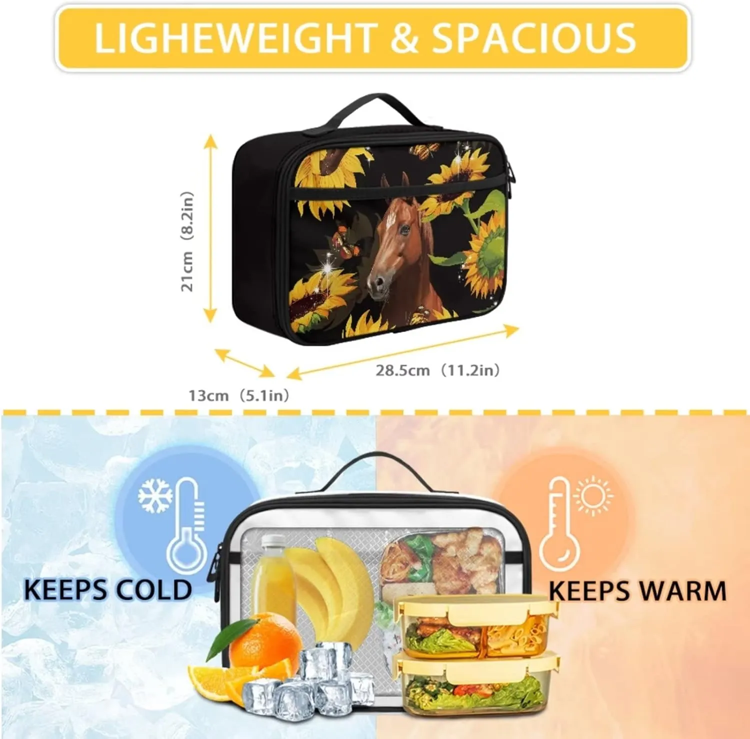 Horse Print Kid's Backpack for Girl Sunflower Butterfly Schoolbag and Insulated Lunch Bag with Front Zip Pocket 2Pcs Casual Daypack Rucksack for Picnic Work, Back to School