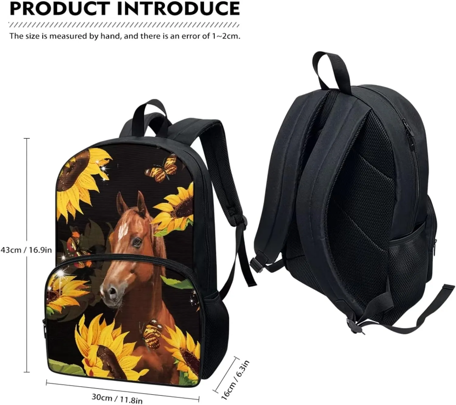 Horse Print Kid's Backpack for Girl Sunflower Butterfly Schoolbag and Insulated Lunch Bag with Front Zip Pocket 2Pcs Casual Daypack Rucksack for Picnic Work, Back to School